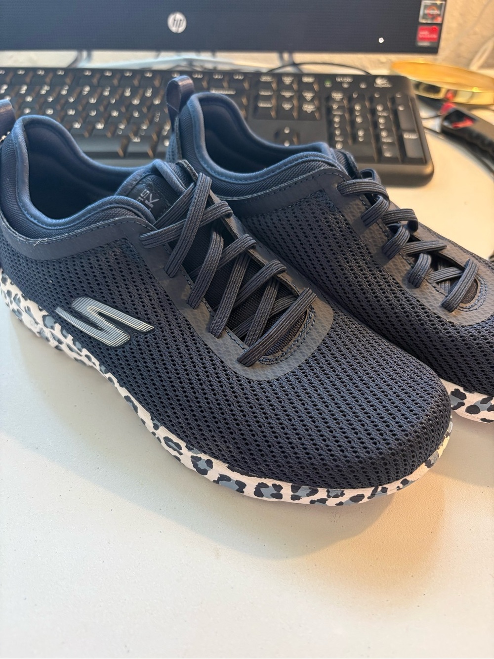 Skechers Navy Mesh Slip-On Athletic Sneakers with Leopard-Print Sole